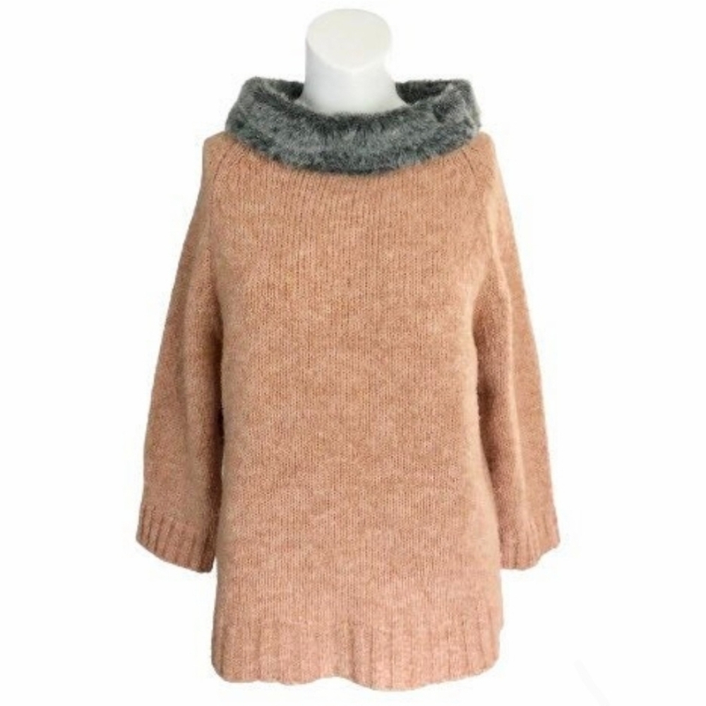 Retro Laura Peach Wool Blend Faux Fur Collar Cropped 3/4 Sleeves Sweater‎ Medium